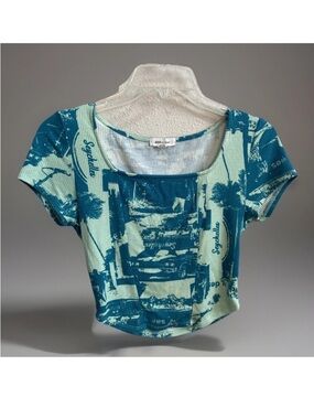 Juniors Stitch & Pine Size Small Crop Top Dark Green/Light Green Beach Stretch